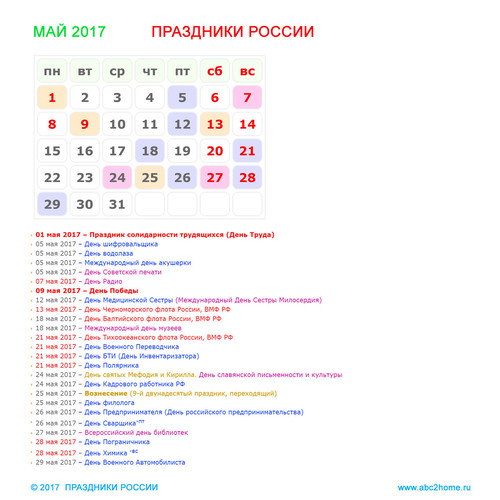 Праздники России в мае 2017 года